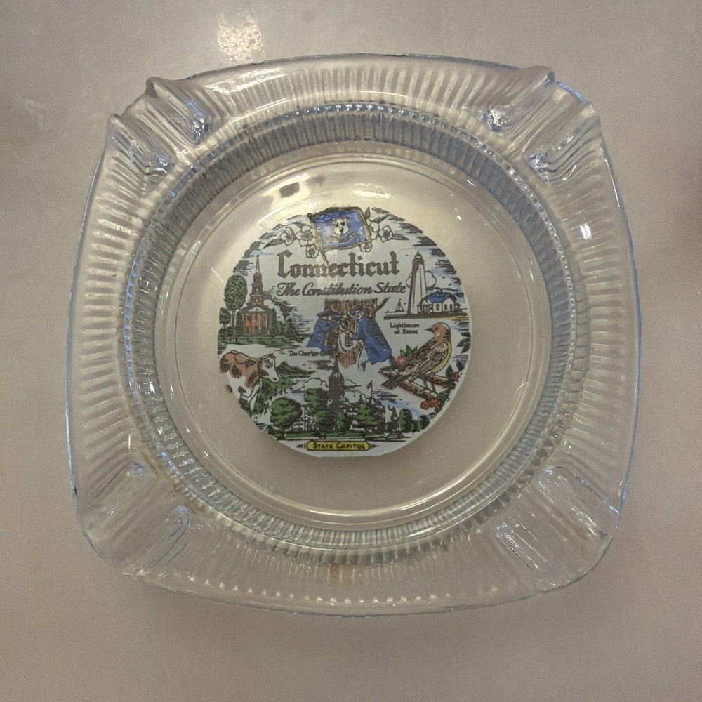 Vintage Connecticut Souvenir Pressed Glass Ashtray The Constitution State